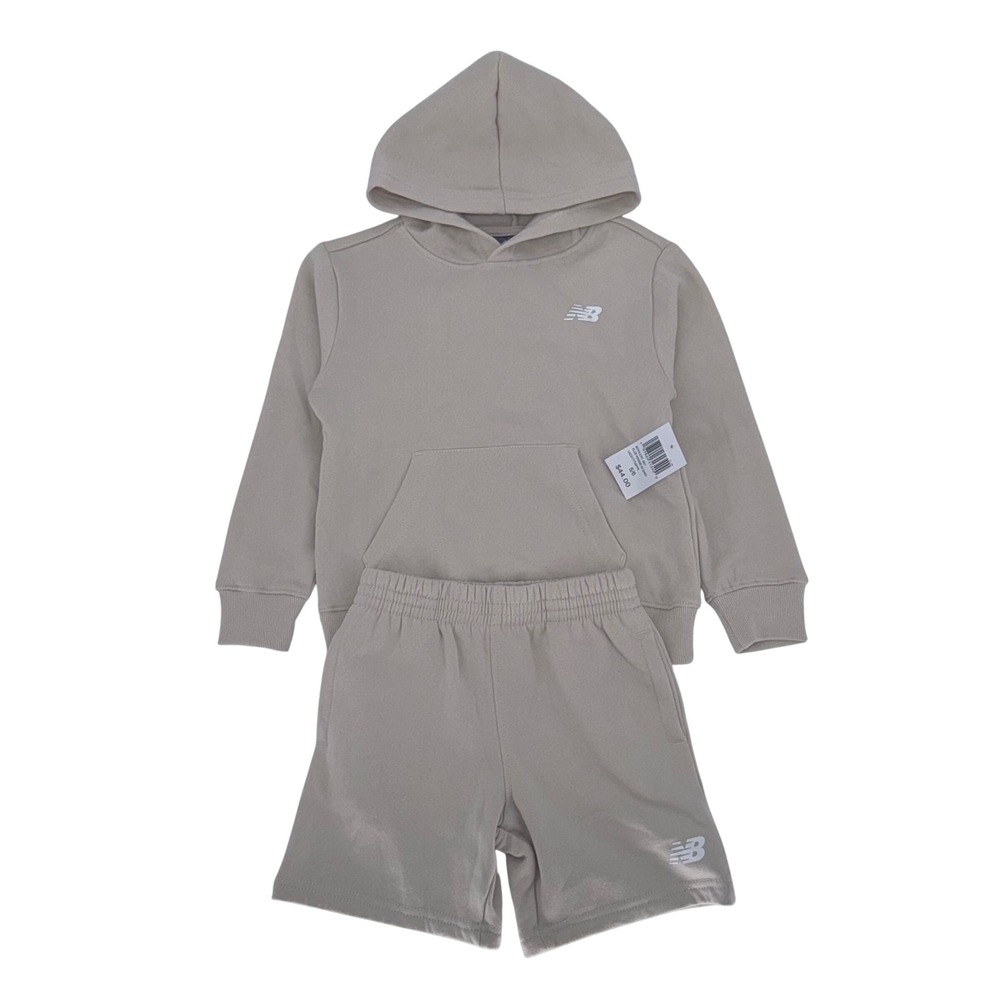 New Balance Boys Fleece Hoodie and Shorts 2 Piece Set Beige Size 5/6 NEW